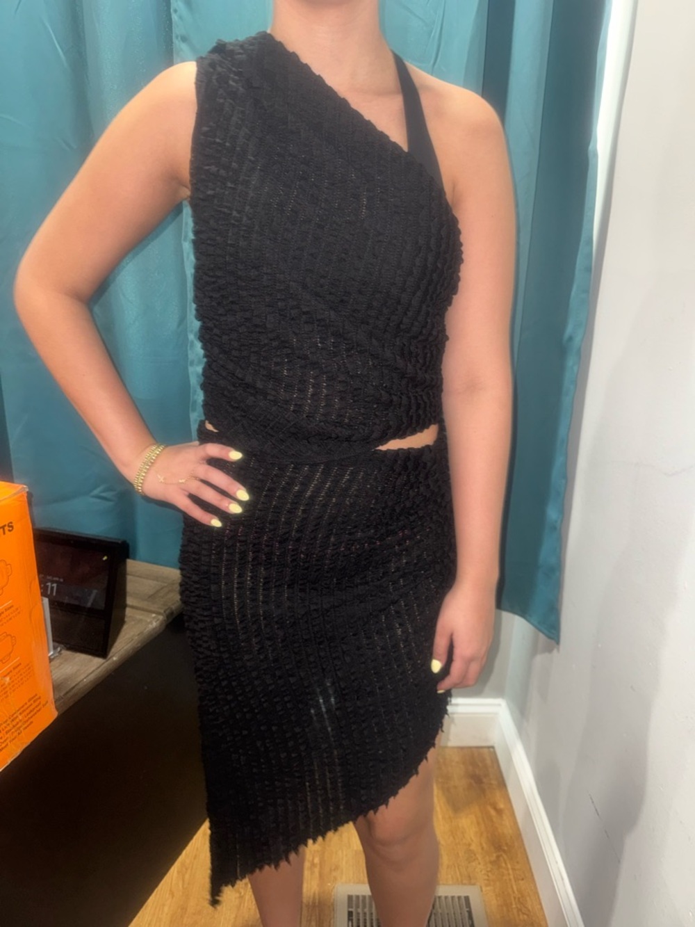 Black 2 Piece Set One Shoulder Top Skirt Asymmetrical Bodycon